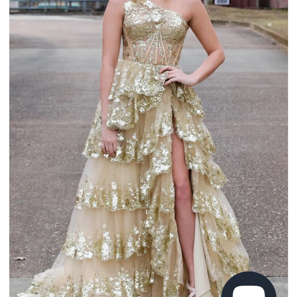 Glamorous Gold Sequin One-Shoulder Formal Prom Dress with ruffles